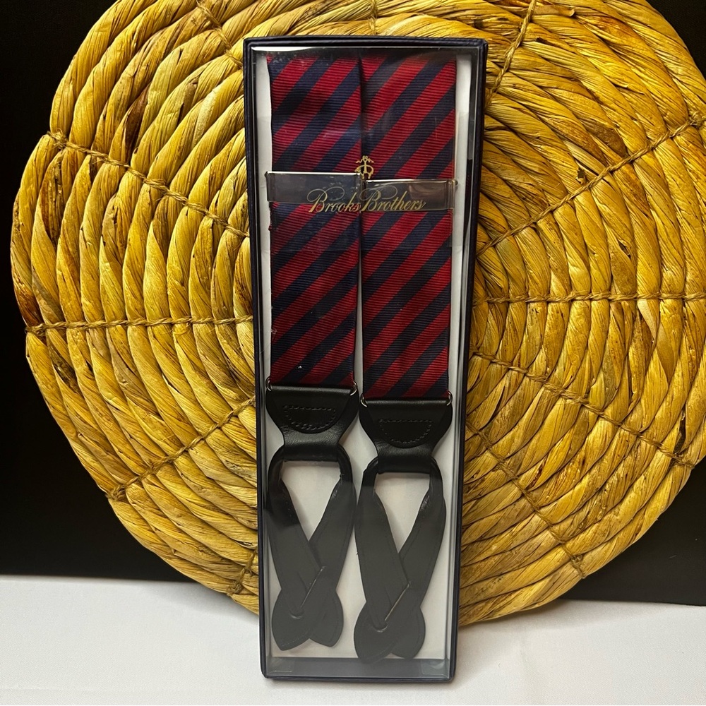 BROOKS BROTHERS Suspenders -Red/Navy stripes- with black leather attachments-NEW